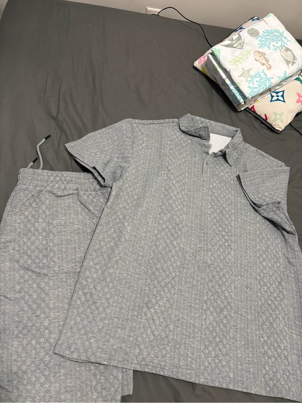 Gray Quilted Polo Top and Short Set